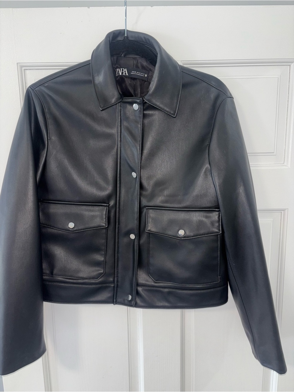 Zara Black Faux Leather Snap-Front Pocket Jacket